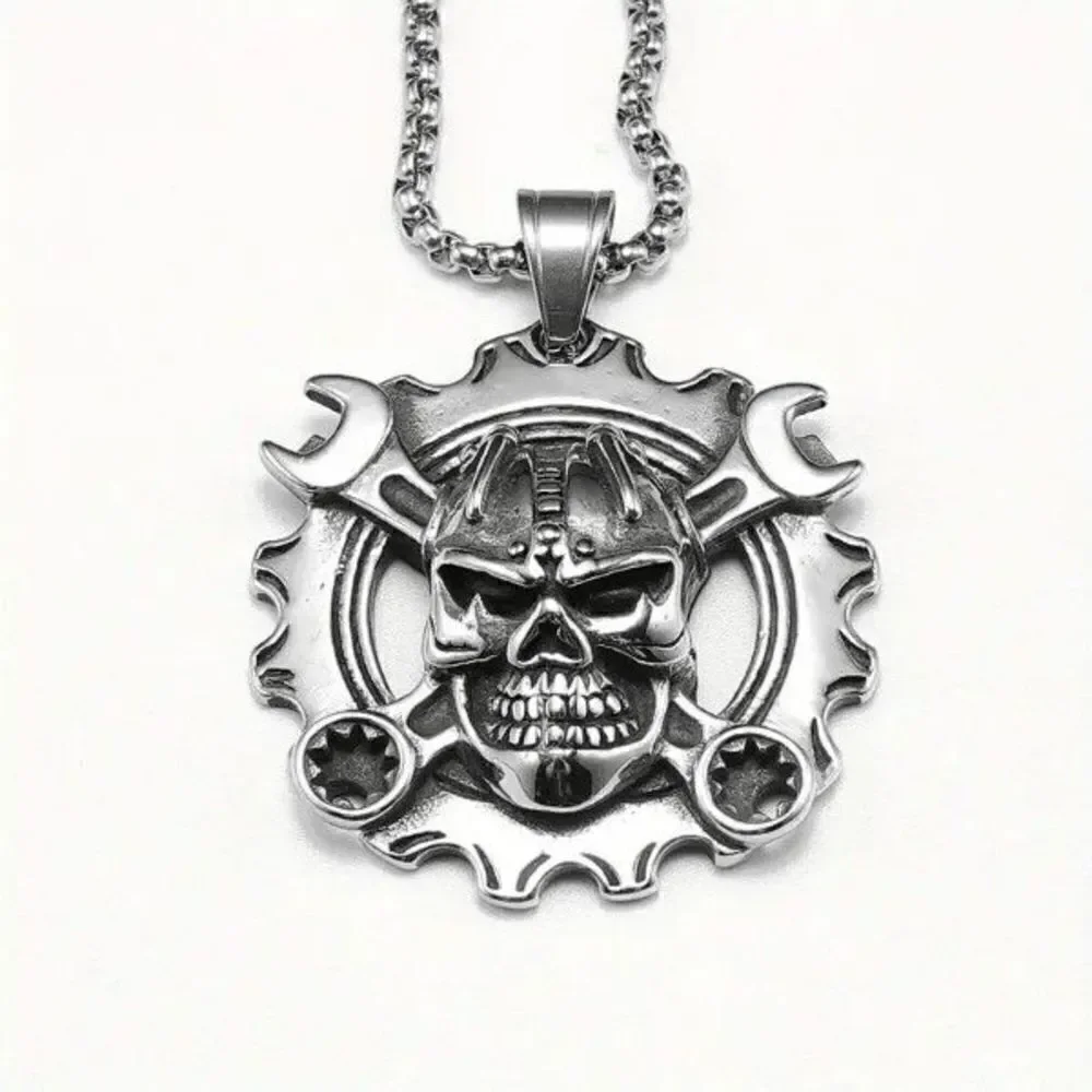 Skull Head on Wrench and Gear Stainless Steel Pendant Necklace